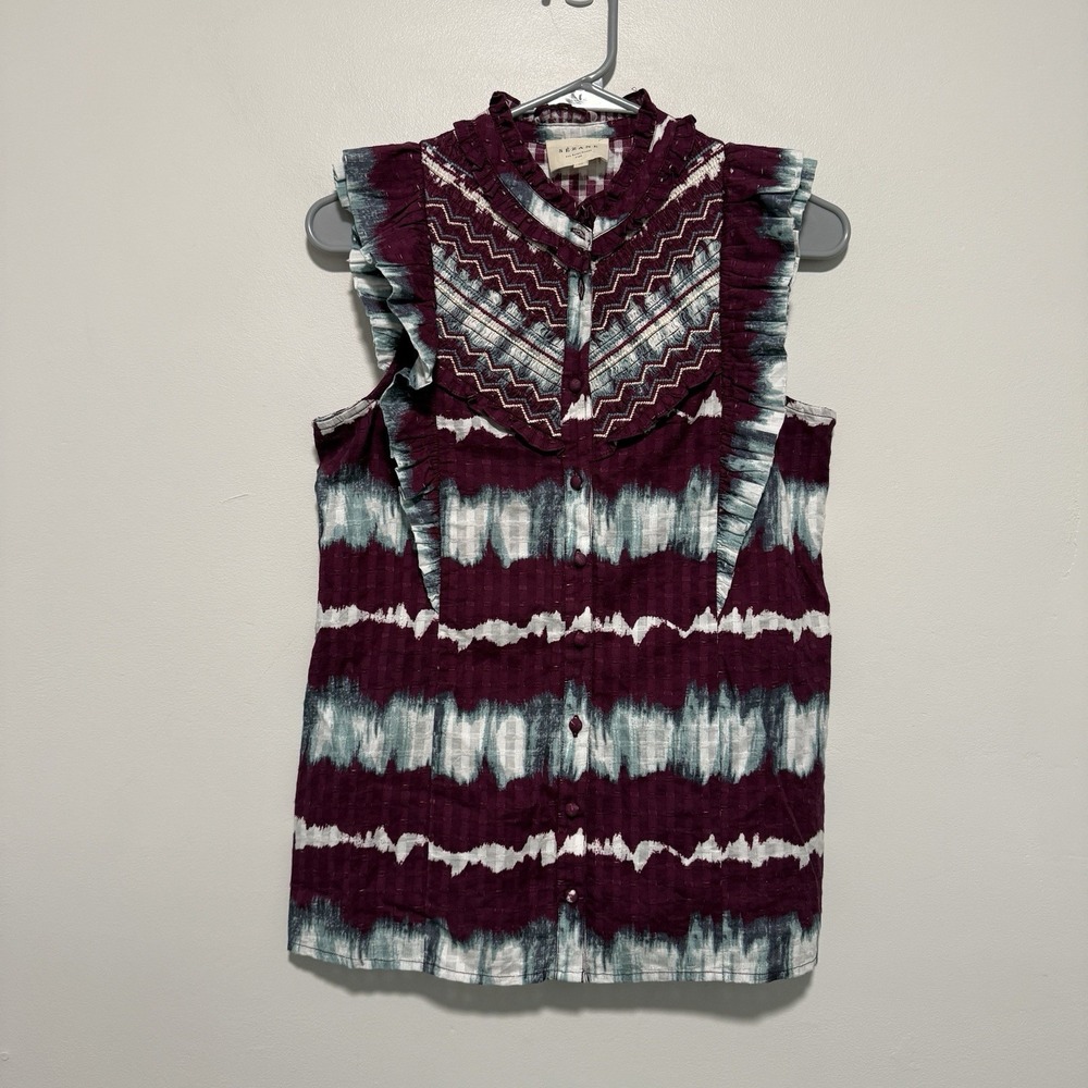 Sezane Elena Ruffle Pruple Tie Dye‎ Sleeveless Button Front Blouse Size EU 36 - Picture 3 of 8
